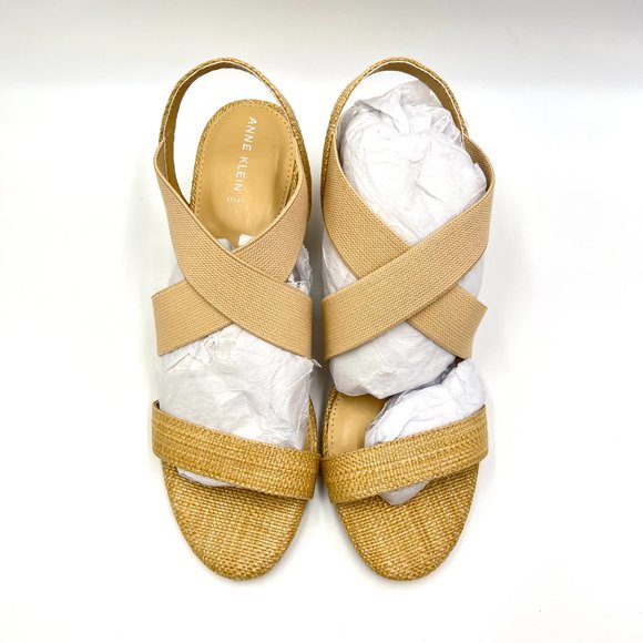 Anne Klein Ressa Beige Natural Raffia Woven Open Toe Block Heels Sandals Shoes - Picture 3 of 13